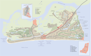 Map of Fripp Island, SC, showing roads, golf courses, beach, and highlighted bike path—perfect for a beach vacation.