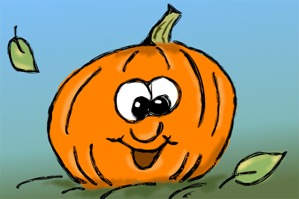 Cartoon pumpkin with a smiling face and wide eyes, surrounded by leaves, perfect for a lowcountry beach vacation vibe.