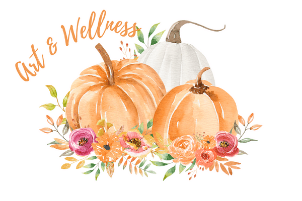 Watercolor pumpkins and flowers with Art Wellness text in orange cursive, inspired by Lowcountry charm.