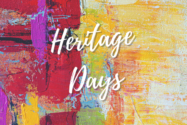 Colorful abstract painting with Heritage Days in white script, inspired by a Lowcountry family vacation.