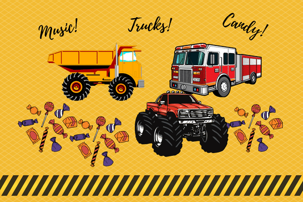 Dump truck, fire truck, and monster truck with candy; text: Music Trucks Candy on a yellow background—perfect for a beach vacation.
