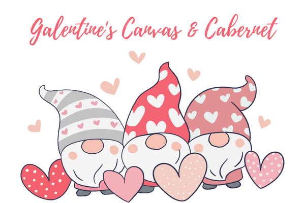 Three cute gnomes with heart hats and pink hearts, perfect for a Galentines Canvas Cabernet or family vacation keepsake.