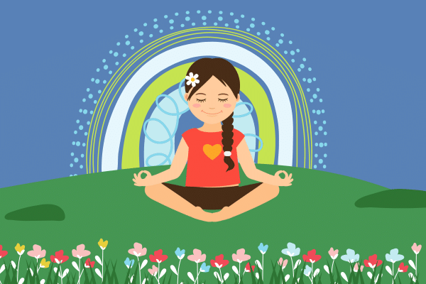 Girl meditating cross-legged on grass with flowers and a rainbow in the background.