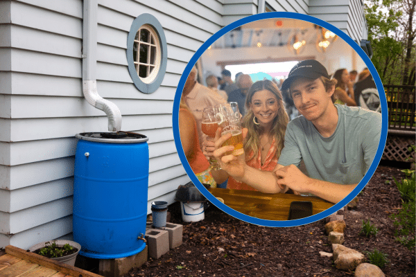 A blue rain barrel by a house, with an inset of a smiling couple holding drinks at a bar.