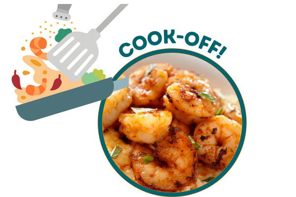 Pan graphic with spatula, vegetables, and text Cook-Off beside a plate of seasoned grilled shrimp.