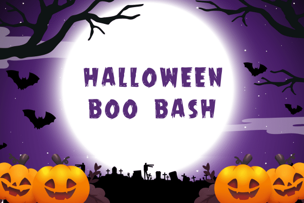 Halloween Boo Bash text with pumpkins, bats, gravestones, and spooky trees in front of a full moon.