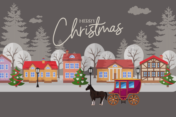 Festive houses, decorated trees, and a horse-drawn carriage with Merry Christmas text above.