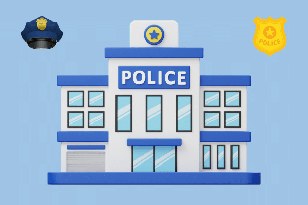 Illustration of a police station building with a police hat and badge, inspired by family vacation vibes.