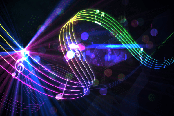 Colorful neon music notes swirl on a dark background, evoking the vibrant energy of a Fripp Island vacation rental.