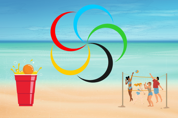 Colorful rings, a red cup with a splash, and people playing beach volleyball on a family vacation by the ocean.
