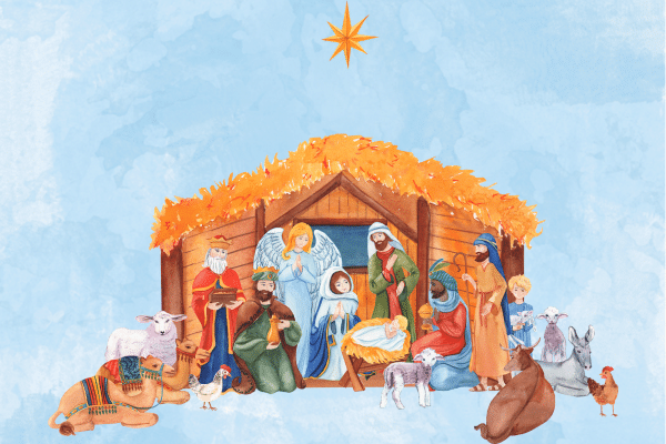 Cartoon nativity scene with baby Jesus, Mary, Joseph, wise men, and animals under a star on Fripp Island.