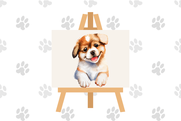 A painting of a happy puppy on an easel, perfect for a family vacation keepsake.