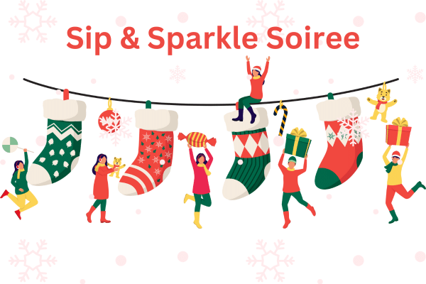 Illustration of people celebrating with gifts and stockings, titled Sip Sparkle Soiree on Fripp Island.