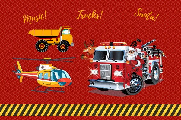 Santa drives a fire truck with a reindeer, plus a dump truck and helicopter, on a red background—perfect for Lowcountry fans.