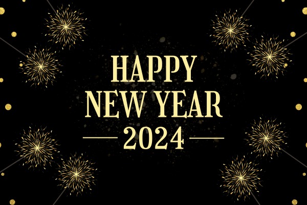Gold fireworks surround Happy New Year 2024 text, perfect for a Lowcountry family vacation backdrop.