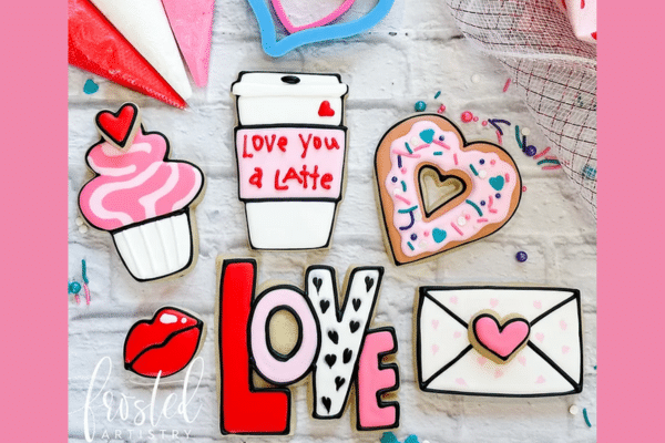 Assorted Valentine’s Day cookies shaped like hearts, lips, and “LOVE” letters—perfect for a South Carolina vacation.