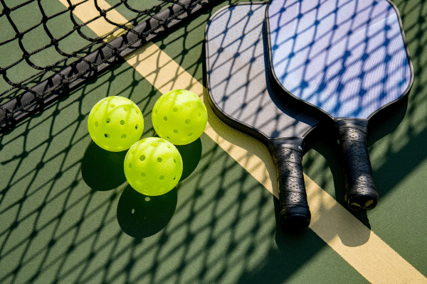 Two pickleball paddles and three yellow balls on a court near the net—perfect for your Fripp Island vacation rental.