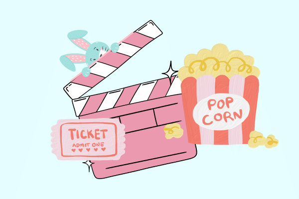 Cute blue bunny peeking from a clapperboard with popcorn and a movie ticket, perfect for a South Carolina vacation scene.
