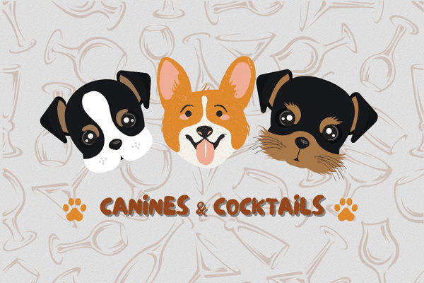 Three illustrated dog faces above “Canines Cocktails” on a background with cocktail glass outlines, perfect for a Fripp Island vibe.