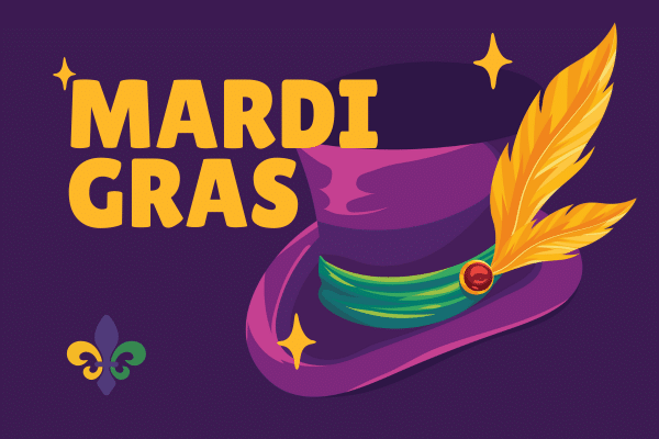 Purple hat with yellow feathers and green band by Mardi Gras text and fleur-de-lis, perfect for a Fripp Island vacation.