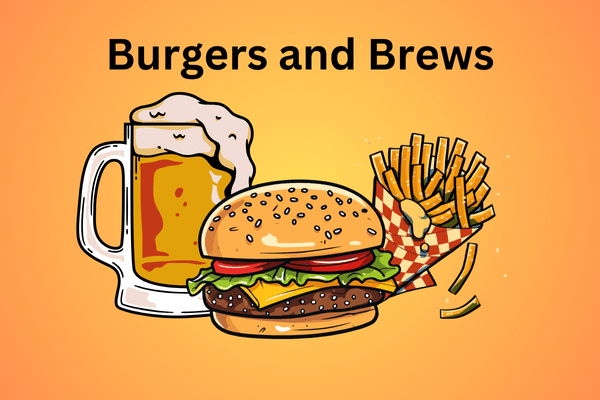Illustration of a burger, fries, and beer with Burgers and Brews on an orange background for a South Carolina vacation.