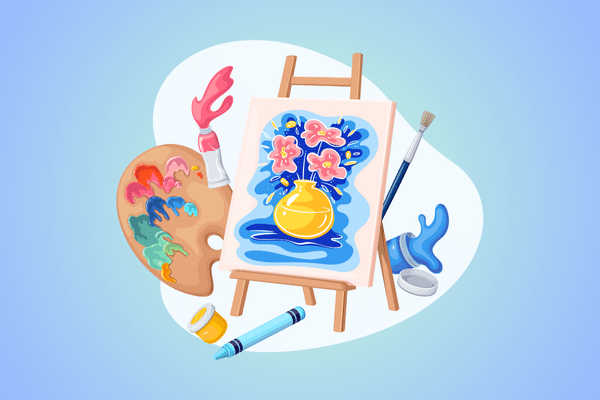 Art supplies and a canvas with a colorful painting of lowcountry flowers in a yellow vase on an easel.