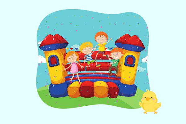 Four children play on a colorful bouncy castle, with a yellow chick and confetti, enjoying a lowcountry vibe.