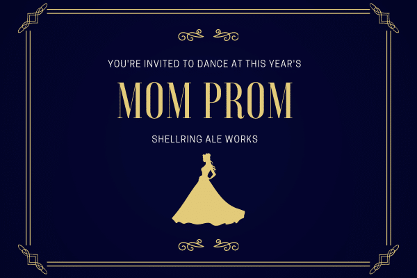 Navy and gold invitation reading Mom Prom with a silhouette of a woman in a gown, perfect for your Fripp Island celebration.