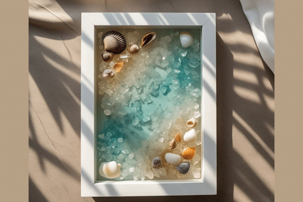 A white-framed shadow box with seashells and sea glass, evoking a Lowcountry shoreline.