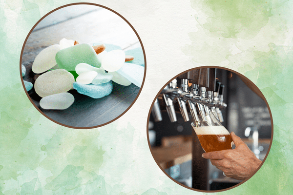 Sea glass pieces in one circle and a hand pouring beer, set on a green watercolor background—South Carolina vacation vibes.