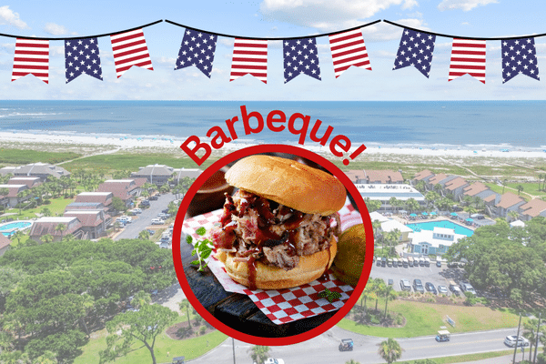 A barbeque sandwich in a red circle over a coastal town with patriotic bunting and Fripp Island vacation rental text above.