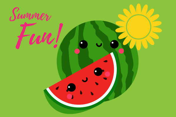 Cute cartoon watermelon and slice with smiling faces, sunflower, and text Summer Fun on a green lowcountry background.