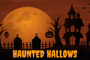 A spooky Halloween scene with a haunted house, graveyard, jack-o-lanterns, bats, and Fripp Island text.