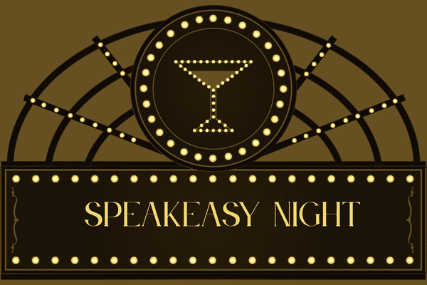 Art deco sign with a martini glass and the words Speakeasy Night—perfect for your Fripp Island vacation rental.