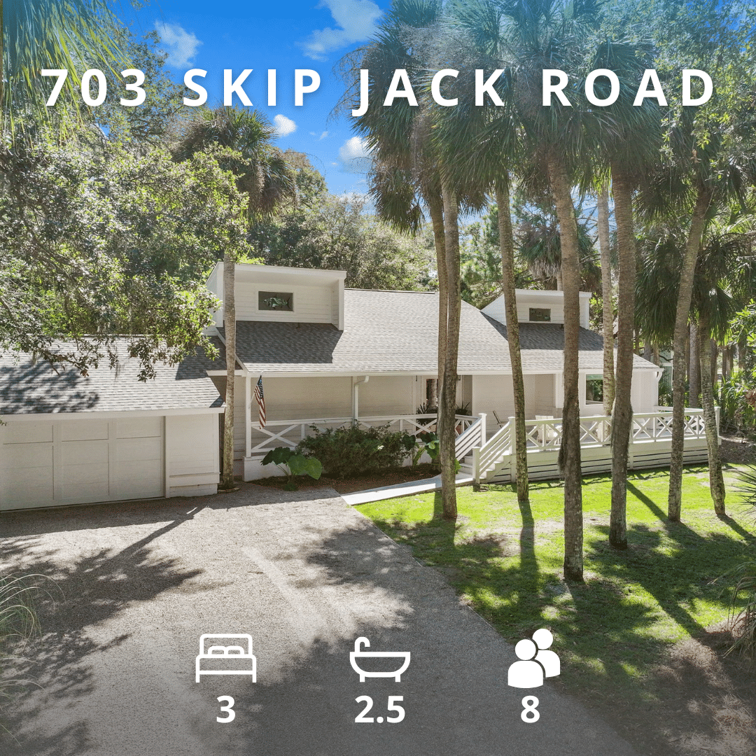 Modern white house with palm trees, 3 bedrooms, 2.5 baths, fits 8 people. Text: 703 Skip Jack Road.