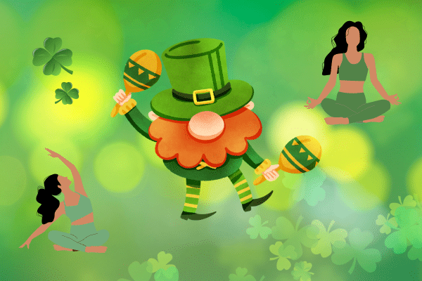 A leprechaun with maracas dances between two women doing yoga on a clover-filled Fripp Island beach background.