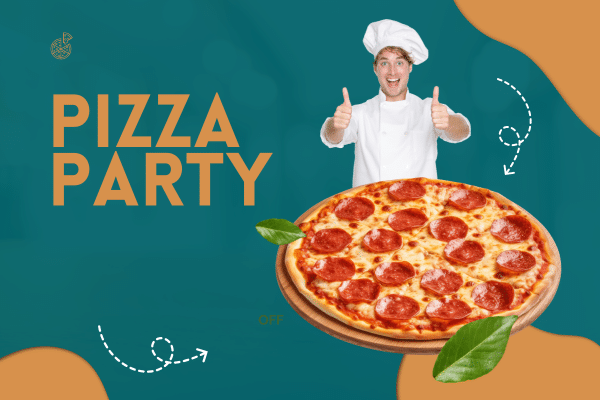 Smiling chef gives thumbs up next to a large pepperoni pizza with Pizza Party text, perfect for your South Carolina vacation.