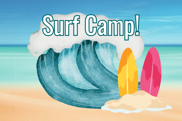 Illustration of waves with Surf Camp text, two colorful surfboards, and sand on a lowcountry beach background.