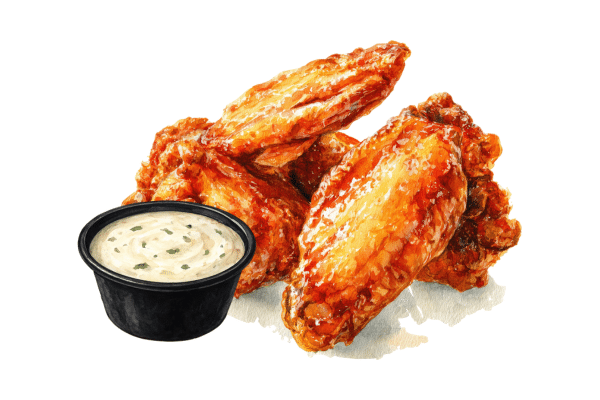 Three saucy chicken wings with creamy dipping sauce, perfect for your Fripp Island vacation rental or beach vacation.