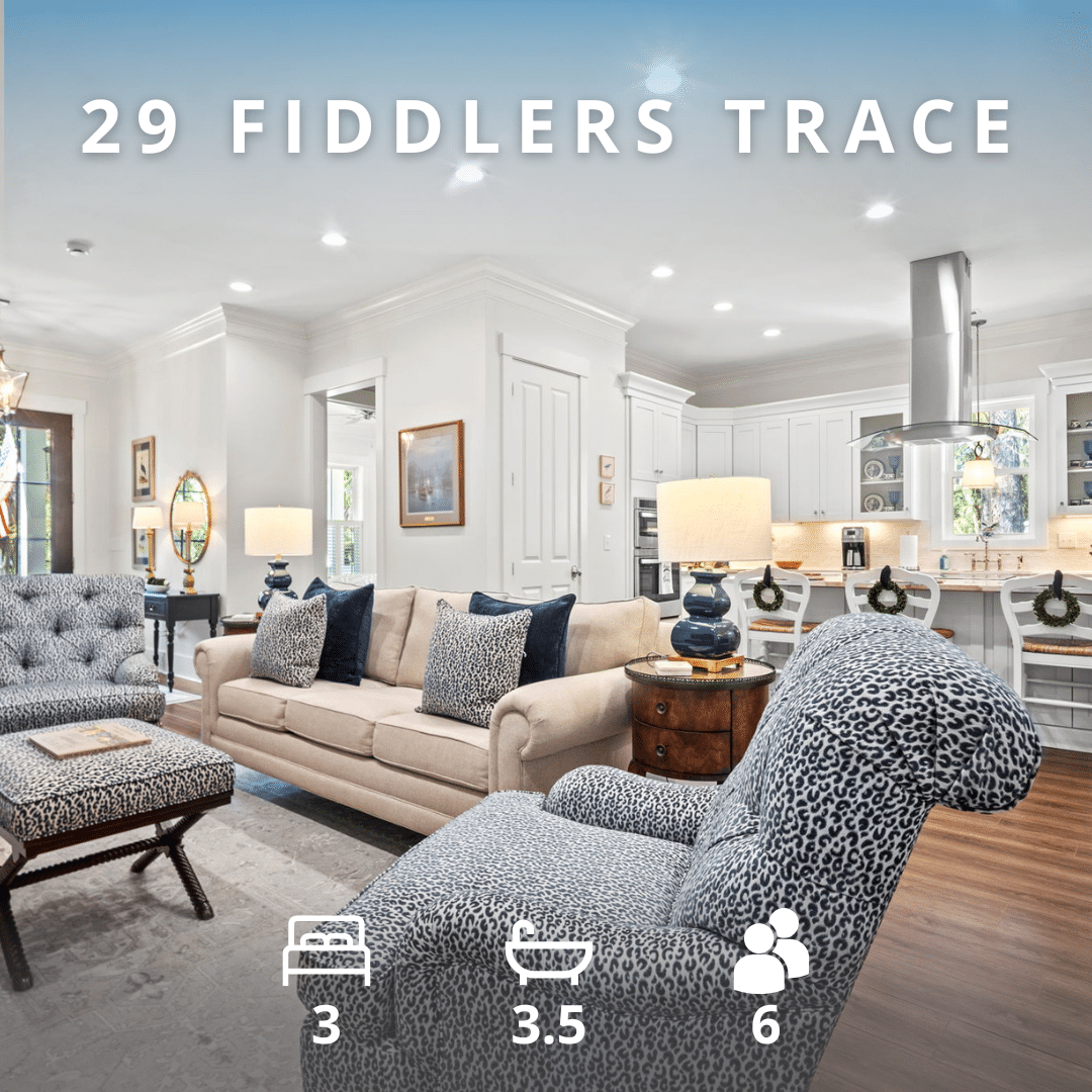 Bright, modern living room and kitchen perfect for a family vacation—3 beds, 3.5 baths, accommodates 6 in the lowcountry.
