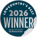 Circular badge reading Lowcountrys Best 2026 Winner. FrippIslandStay won Silver for Best Vacation Rental Company