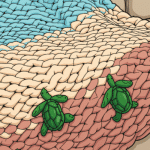 Two small green toy turtles rest on a chunky knit blanket with blue, cream, and pink sections.