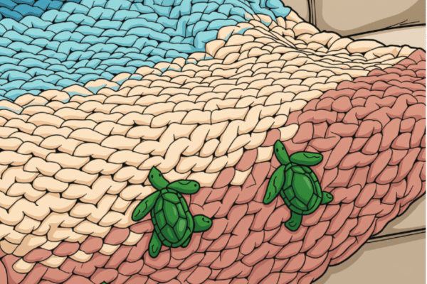 Two small green toy turtles rest on a chunky knit blanket with blue, cream, and pink sections.