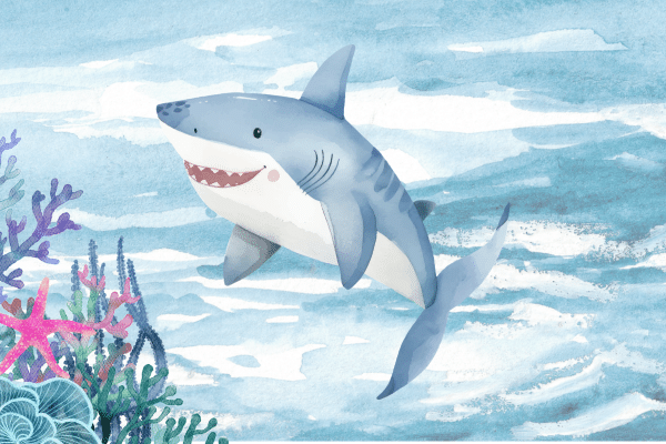 Cartoon shark swimming in blue water near colorful coral, perfect for a fun Fripp Island activity.