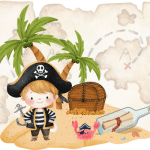 Cartoon pirate kid on Fripp Island with treasure chest, crab, palm trees, map background, bottle, and sandy beach.
