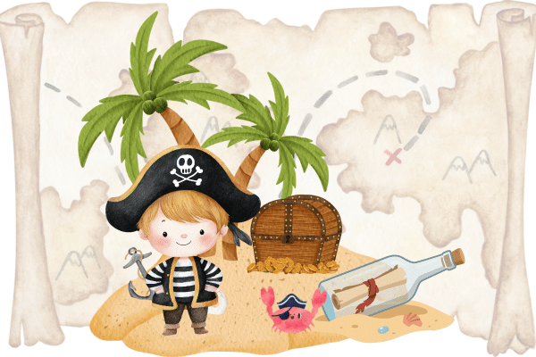 Cartoon pirate kid on Fripp Island with treasure chest, crab, palm trees, map background, bottle, and sandy beach.