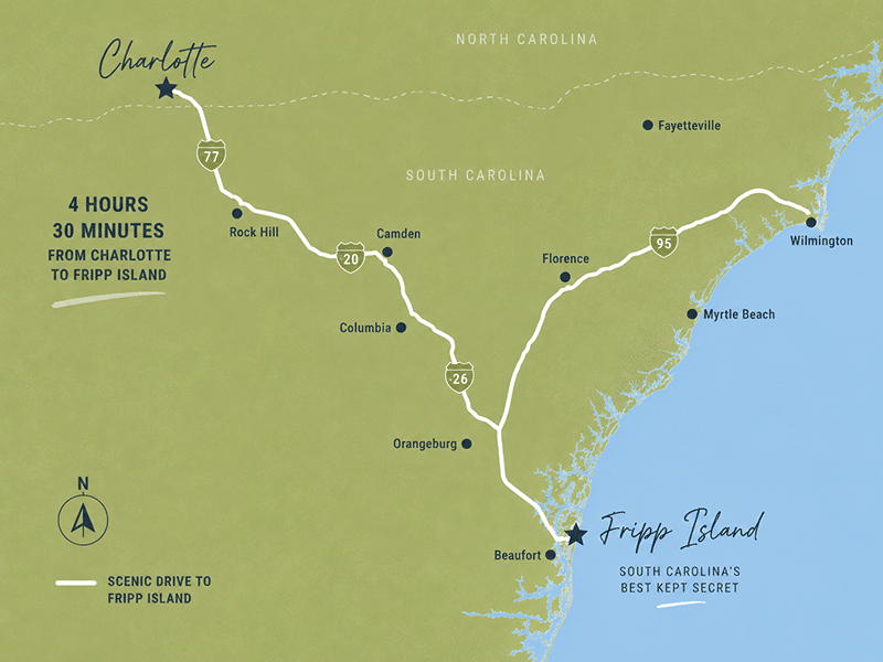 Map showing a driving route from Charlotte, NC to Fripp Island, SC, highlighting major cities and highways.