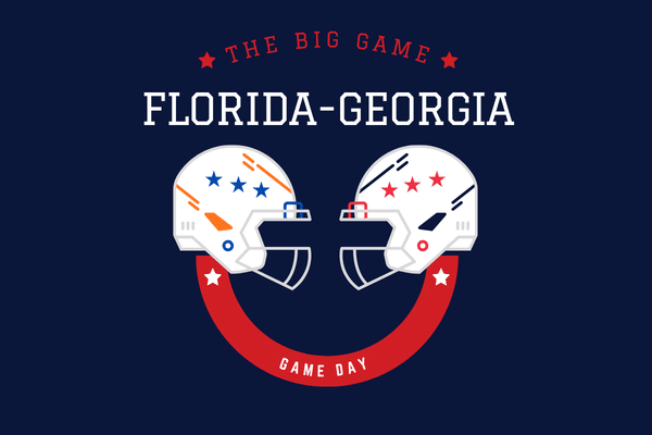 Two football helmets face off below the text The Big Game Florida-Georgia Game Day on a dark background.