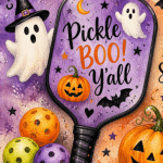 Halloween ghosts, pumpkins, and bats with Pickle BOO Yall and Keep it Spooky text on a colorful background.