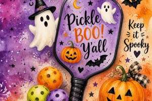 Halloween ghosts, pumpkins, and bats with Pickle BOO Yall and Keep it Spooky text on a colorful background.